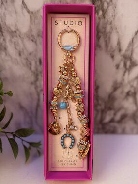 Studio Gold Beaded Bag Charm Keychain Turquoise Horseshoe Western Boho